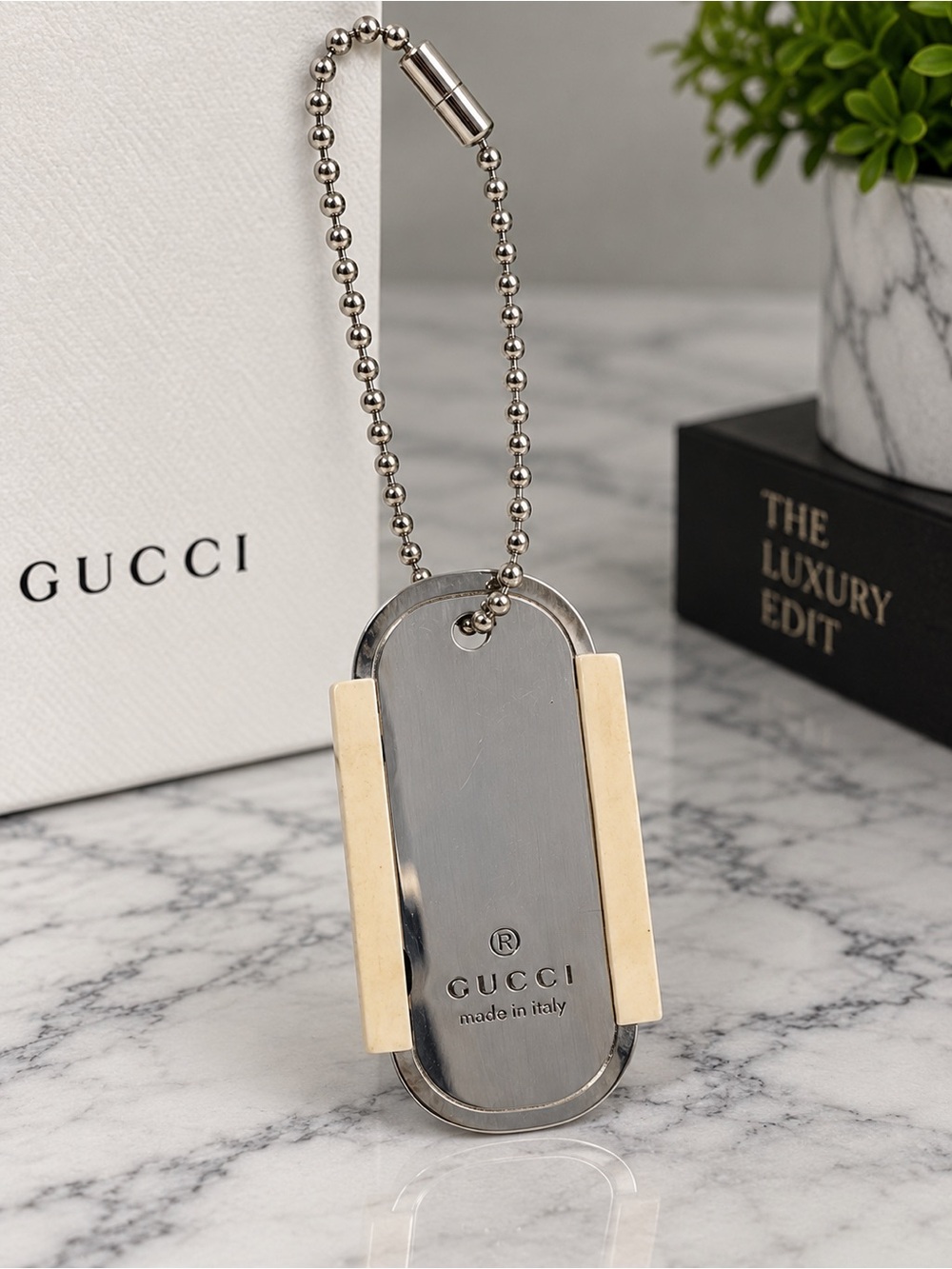 Vintage Gucci Silver Metal Dog Tag Charm Keychain Made in Italy